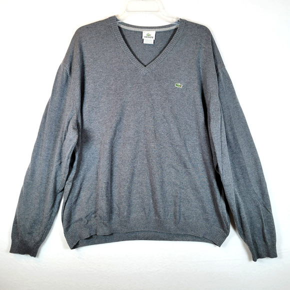 Lacoste Mens V-Neck Knit Cotton Preppy Sweater Size 9 4XL Gray Tennis - Picture 1 of 8
